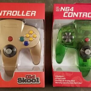 2 N64 Controllers - Gold & Jungle Green (NEW) - Nintendo - Funtastic - Old Skool